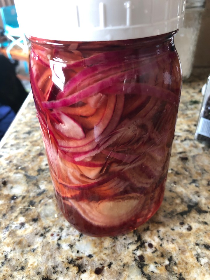Jar of completed pickled red onions